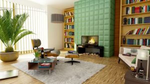 Modern living room with electric fireplace, couch in the middle of a carpet, and wine on a table by the couch.