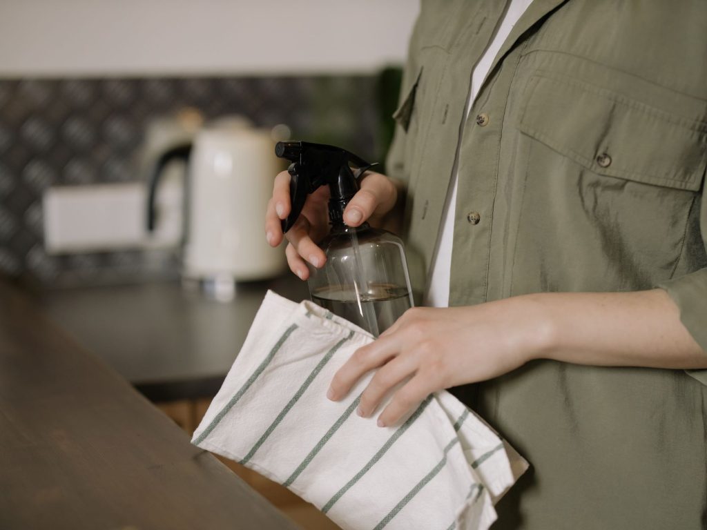 a photo of a woman holding cleaning materials