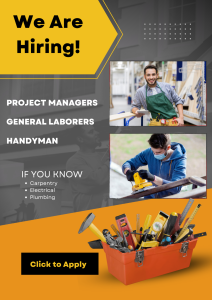 A grey and orange Handshakers Construction hiring banner, stating the positions the company is looking for.