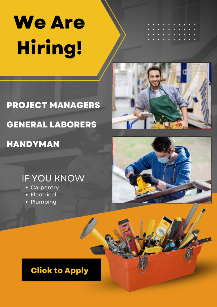 A grey and orange Handshakers Construction hiring banner, stating the positions the company is looking for.
