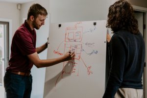 man and woman discussing strategy using seo to improve business