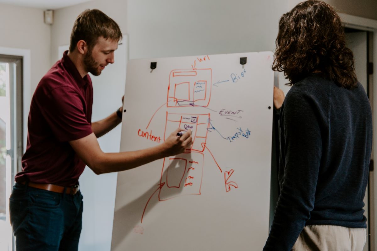 man and woman discussing strategy using seo to improve business