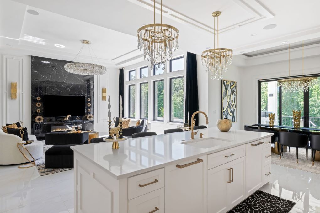 A kitchen island overlooking a living room.